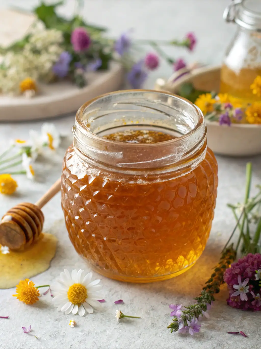 A jar of artisanal honey with visible honeycomb pieces, next to a selection of gourmet jams and preserves.