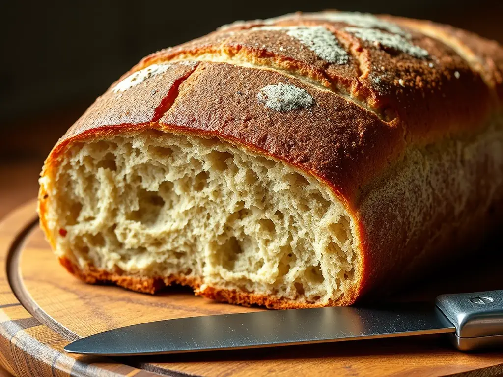 A close-up shot of freshly baked artisanal bread at Ivana's Sweets, emphasizing the crust and texture of the bread.
