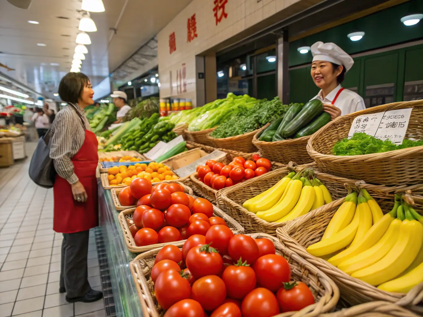 A vibrant display of colorful fresh fruits and vegetables arranged in baskets and crates inside Ivana's Sweets store, showcasing the freshness and variety of the produce.