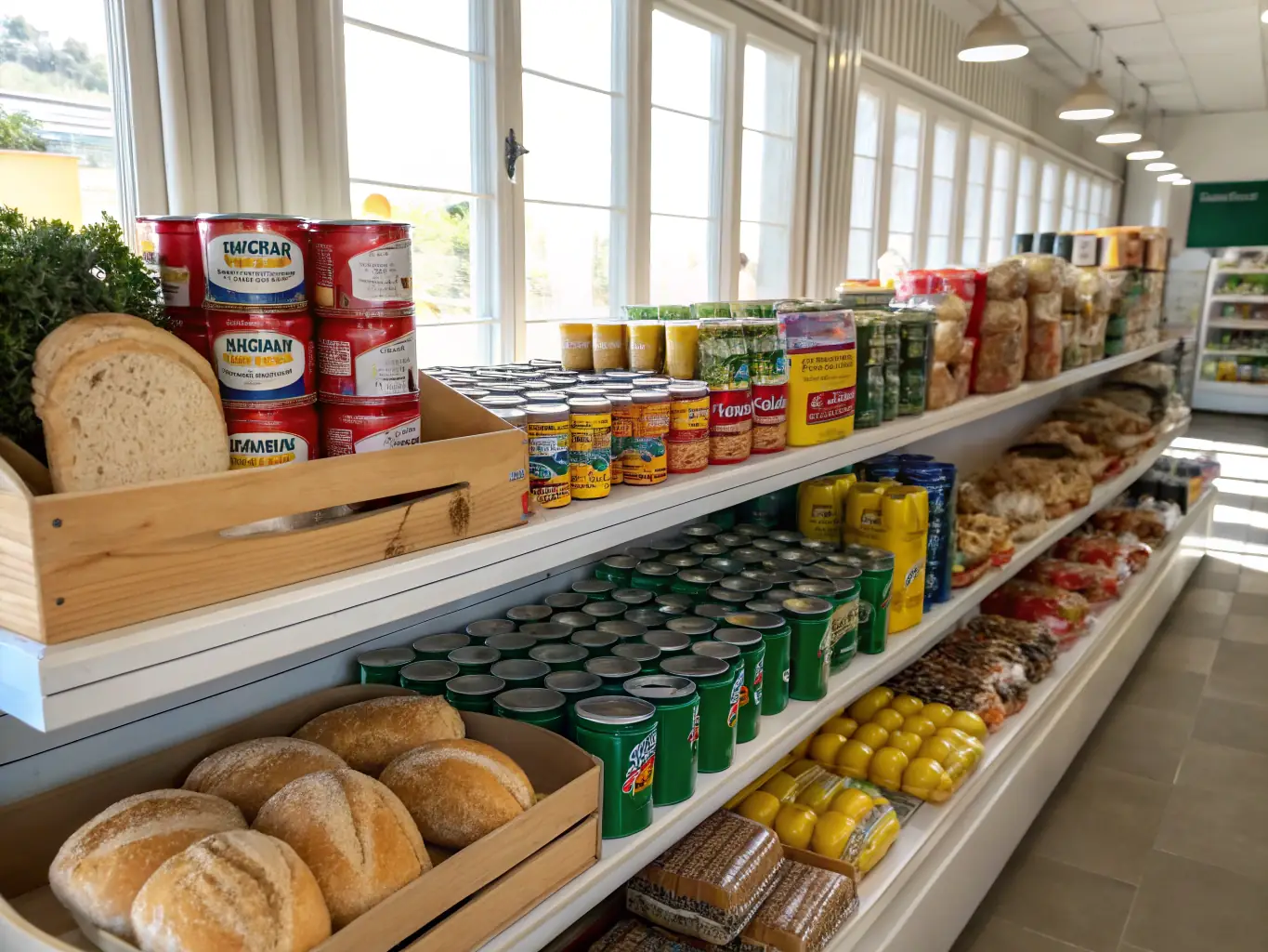 An assortment of organic packaged foods, gourmet cheeses, and artisanal products displayed on shelves at Ivana's Sweets, highlighting the store's selection of gourmet and organic options.