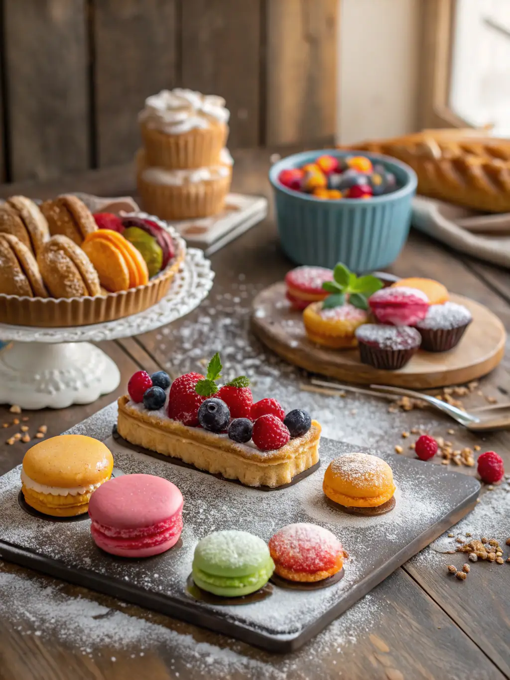 A stack of colorful macarons in various flavors, displayed on a tiered stand.