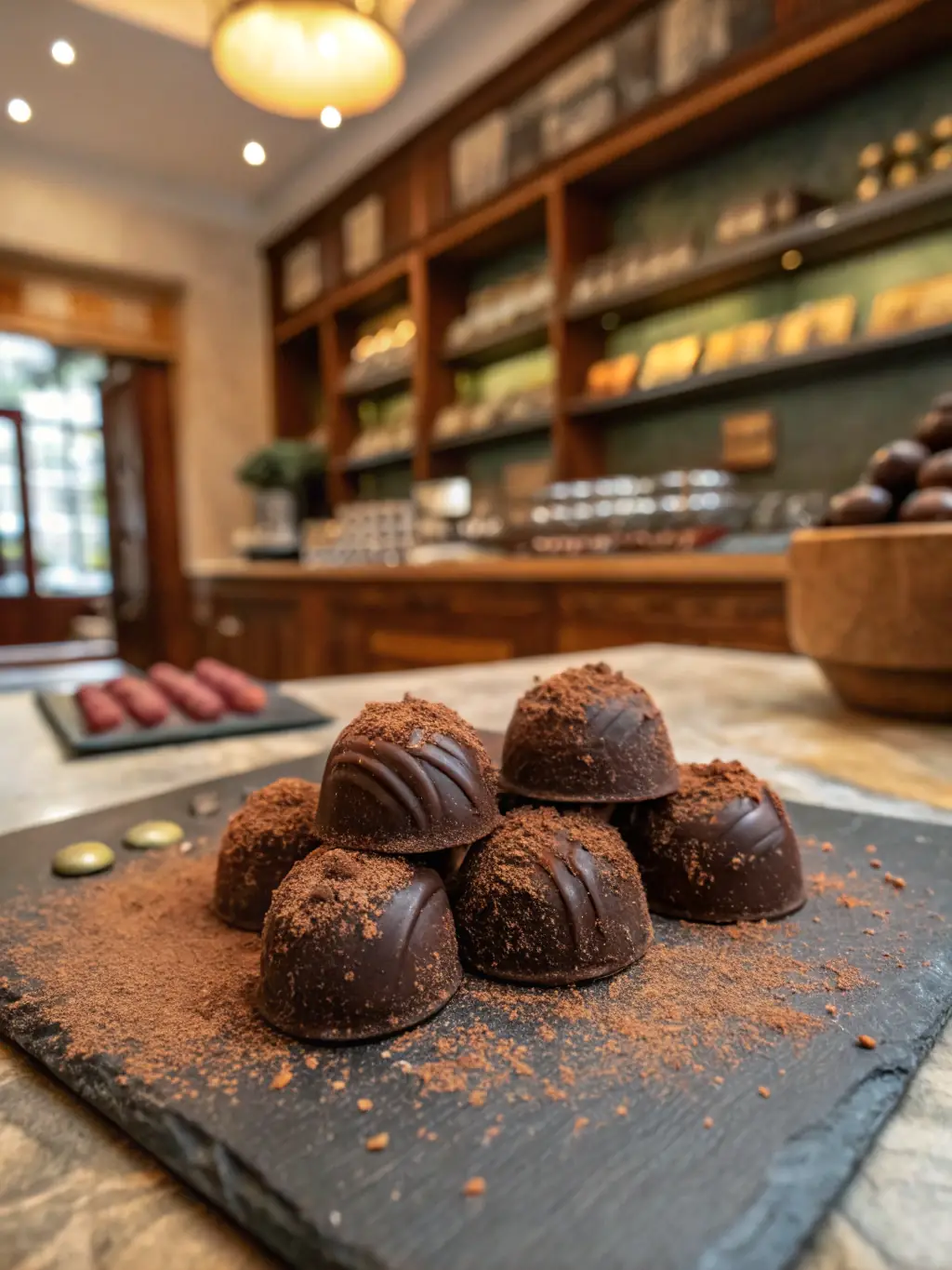 A close-up shot of gourmet chocolate truffles arranged artfully on a small plate, dusted with cocoa powder.